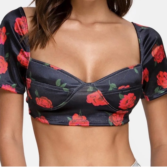 Motel Rocks Tops - MOTEL ROCKS Yoona Crop Top Black Floral Satin Stretch Rose Size Small UK 10